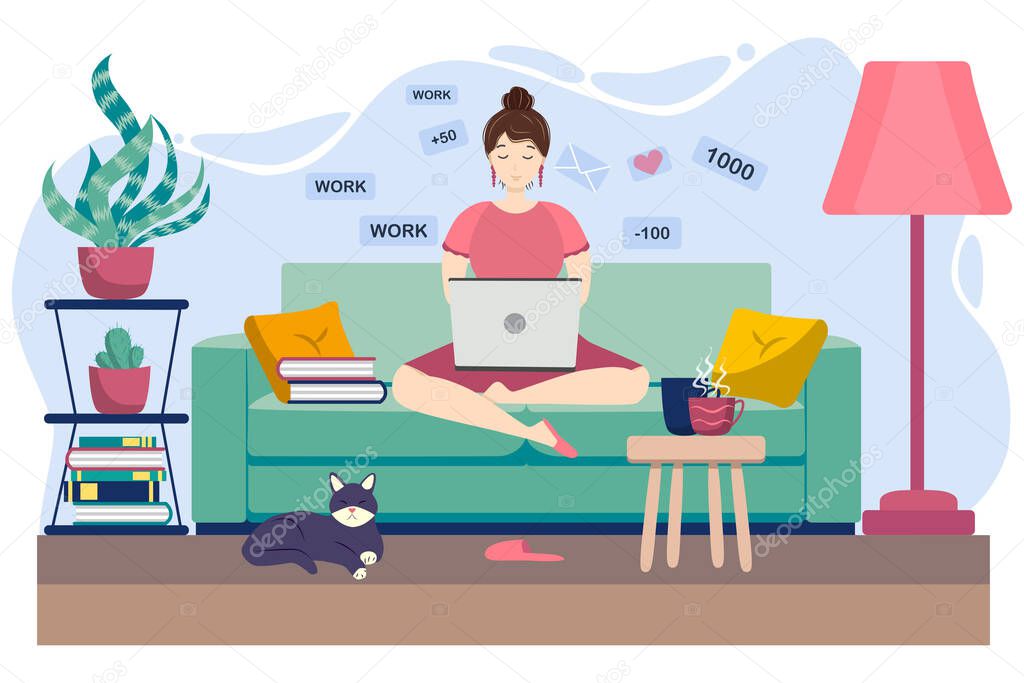 Young woman working or studying from home, sitting on the couch, in a cozy atmosphere, with tea and a cat. Covid-19 quarantine concept, work and learning from home. Cartoon style