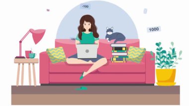 Bir kadın evdeki kanepede dizüstü bilgisayarda çalışıyor. Serbest konsept, covid-19 yüzünden karantina. Web kamerasıyla konuşan mutlu genç iş kadını, çevrimiçi video konferansı yapıyor..