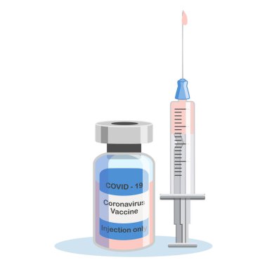 Covid-19 Coronavirus konsepti. Aşı şişesi ve şırınga. Salgın covid-19 salgını. izole edilmiş simge. düz resimleme
