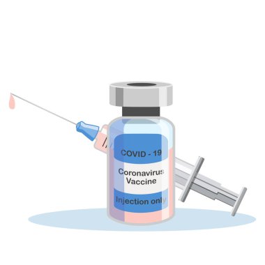 Covid-19 Coronavirus konsepti. Aşı şişesi ve şırınga. Salgın covid-19 salgını. izole edilmiş simge. düz resimleme