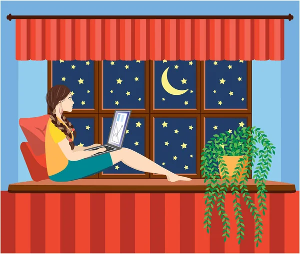 一个年轻的女人在家里工作或学习 坐在窗台上 在舒适的氛围中 与茶和猫在一起 Covid 19检疫概念 在家工作和学习 — 图库矢量图片