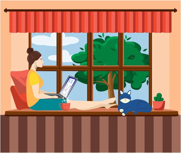 一个年轻的女人在家里工作或学习 坐在窗台上 在舒适的氛围中 与茶和猫在一起 Covid 19检疫概念 在家工作和学习 — 图库矢量图片