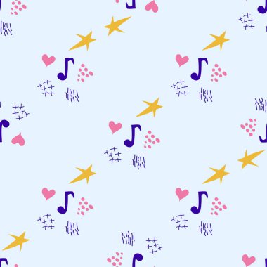 Çizgi filmlerdeki şirin karalamalar müzikal kusursuz desenler çiziyor. Renkli detaylar, arka planda bir sürü nesne var. Müzik simgeleri ve ögeleri ile parlak arkaplan