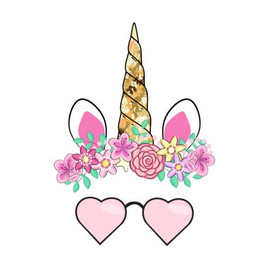 Çiçekli çelenkli, gözlüklü ve altın parıltılı şirin tek boynuzlu at..