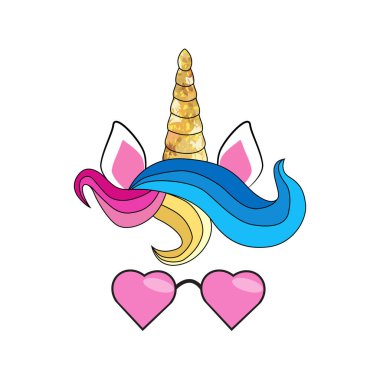 Çiçekli çelenkli, gözlüklü ve altın parıltılı şirin tek boynuzlu at..