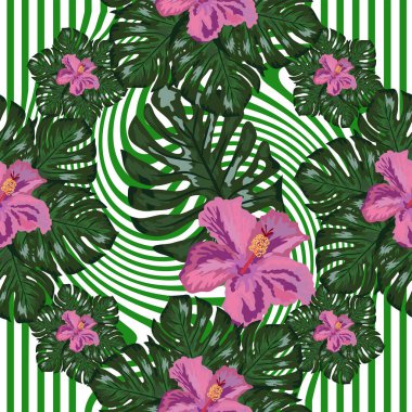 Arka planda tropik çiçekler ve palmiye yaprakları. Kusursuz desen.