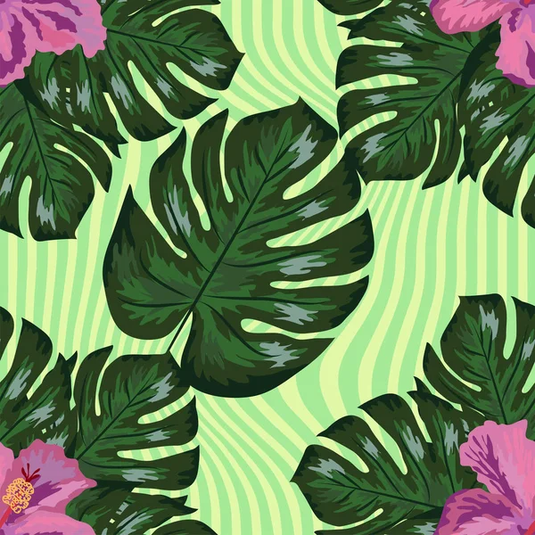Tropische Blumen Und Palmblätter Auf Dem Hintergrund Nahtloses Muster — Stockvektor