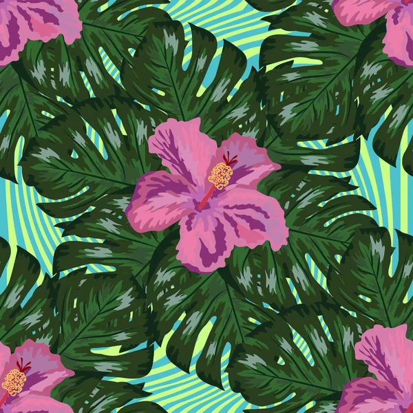 Tropische Blumen Und Palmblätter Auf Dem Hintergrund Nahtloses Muster — Stockvektor