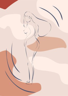 Kadın silueti, kadın vücudu, vücut pozitifliği, kozmetik konsept, moda bej, şablon.