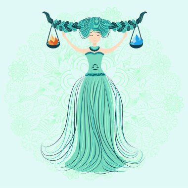 Zodiac, terazi burcunun örgülü güzel bir kız olarak resmedilmiş hali. Pastel renklerde klasik Zodiac Boho tarzı moda illüstrasyonu. Mandala çiçeğinin arka planında