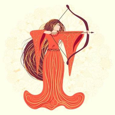 Zodiac, Sagittarius Zodiac örgülü güzel bir kız olarak işaret tablosu çiziyor. Pastel renklerde klasik Zodiac Boho tarzı moda illüstrasyonu. Mandala çiçeğinin arka planında