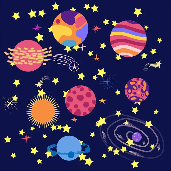 Space Cartoon Symbole Gesetzt Planeten Raketen Ufo Elemente Auf Kosmischem — Stockvektor