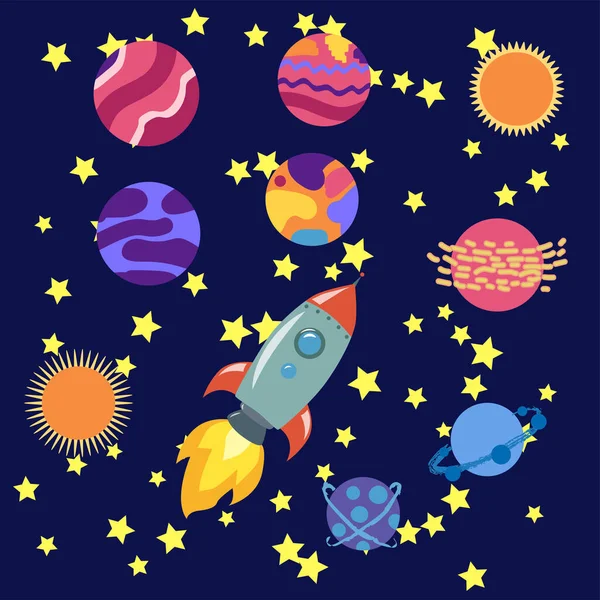 Ruimte Cartoon Pictogrammen Ingesteld Planeten Raketten Ufo Elementen Kosmische Achtergrond — Stockvector