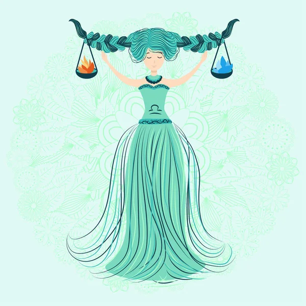 Zodiac, terazi burcunun örgülü güzel bir kız olarak resmedilmiş hali. Pastel renklerde klasik Zodiac Boho tarzı moda illüstrasyonu. Mandala çiçeğinin arka planında