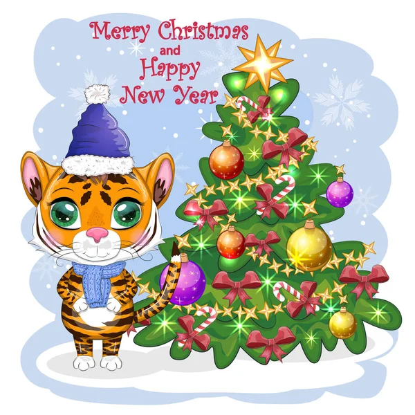 戴着帽子和围巾的卡通老虎靠近圣诞树 孩子的风格 亲爱的 2022年新年的象征 问候语 — 图库矢量图片