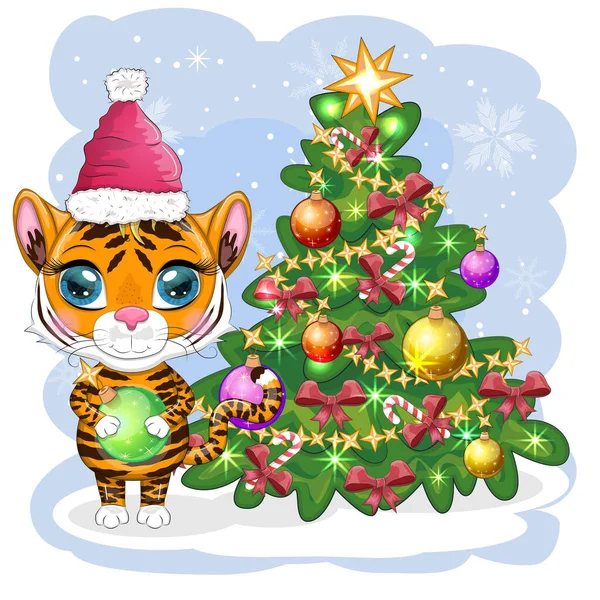 Cartoon Tigre Cappello Babbo Natale Con Una Palla Vicino All — Vettoriale Stock