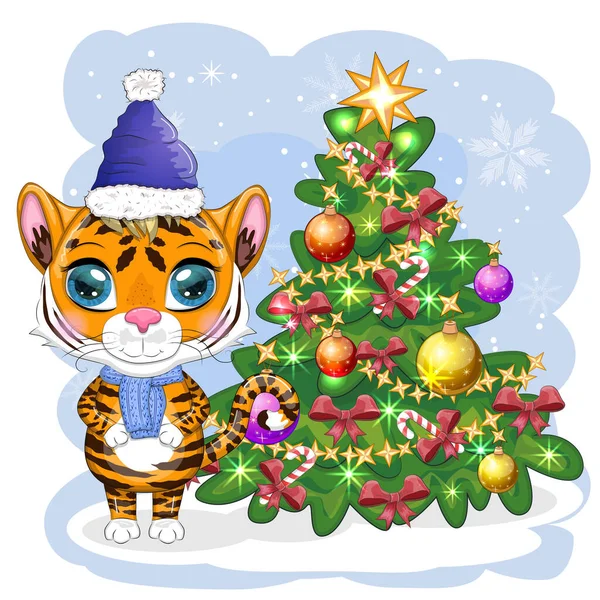 Tigre Bande Dessinée Dans Chapeau Une Écharpe Près Sapin Noël — Image vectorielle
