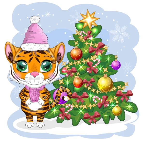 戴着帽子和围巾的卡通老虎靠近圣诞树 孩子的风格 亲爱的 2022年新年的象征 问候语 — 图库矢量图片