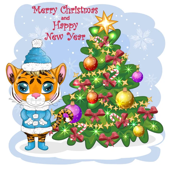戴着帽子的卡通老虎 毛皮外套 在圣诞树旁祝2022年新年快乐 孩子的风格 亲爱的 2022年的象征 问候语 — 图库矢量图片
