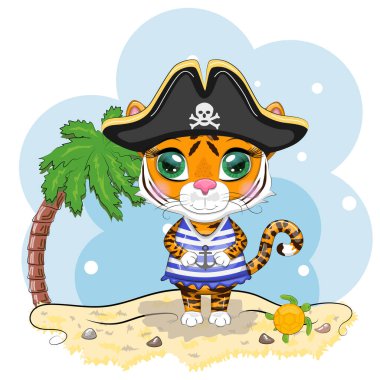 Çizgili tişörtlü, şapkalı, göz bandı takan bir kaplan korsanı. Hawaii, tatil, deniz. Yaz geliyor. Çocuk tarzı, tatlım. 2022 yılının sembolü.