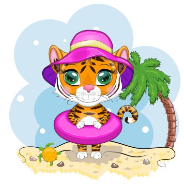 Çizgi film kaplanı, yüzme çemberi olan bir kaplan. Plajda, palmiye ağacı ve kaplumbağası olan bir şapka takıyor. Tatil, deniz, dinlenme. Çocuk tarzı, tatlım. 2022 yılının sembolü.