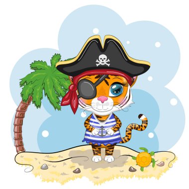 Çizgili tişörtlü, şapkalı, göz bandı takan bir kaplan korsanı. Hawaii, tatil, deniz. Yaz geliyor. Çocuk tarzı, tatlım. 2022 yılının sembolü.