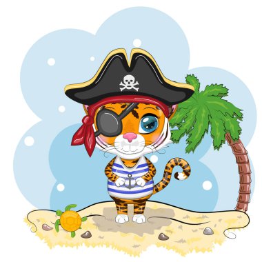 Çizgili tişörtlü, şapkalı, göz bandı takan bir kaplan korsanı. Hawaii, tatil, deniz. Yaz geliyor. Çocuk tarzı, tatlım. 2022 yılının sembolü.