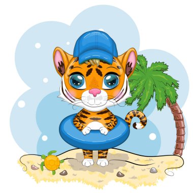 Çizgi film kaplanı, yüzme çemberi olan bir kaplan. Plajda, palmiye ağacı ve kaplumbağası olan bir şapka takıyor. Tatil, deniz, dinlenme. Çocuk tarzı, tatlım. 2022 yılının sembolü.