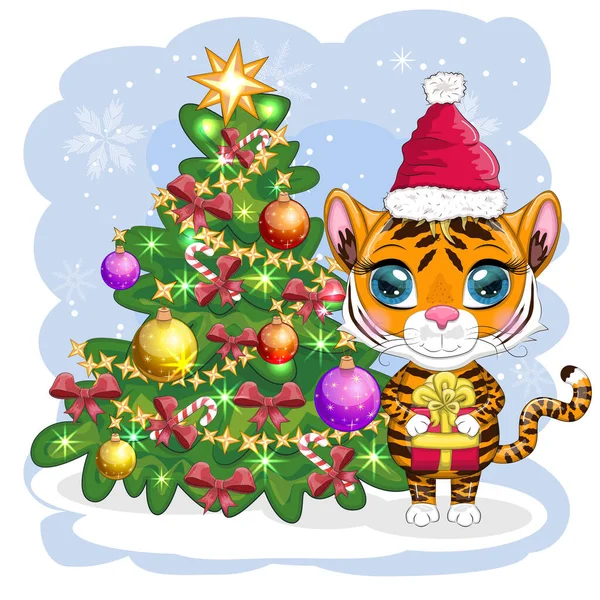 卡通老虎戴着一顶圣诞圣诞树旁的圣诞礼帽 孩子的风格 亲爱的 2022年的象征 问候语 — 图库矢量图片