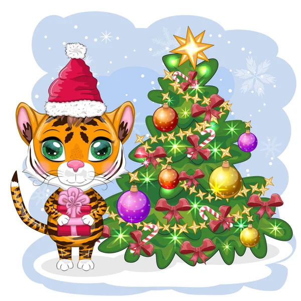 卡通老虎戴着一顶圣诞圣诞树旁的圣诞礼帽 孩子的风格 亲爱的 2022年的象征 问候语 — 图库矢量图片