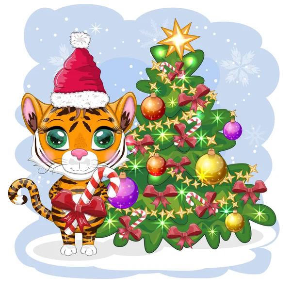 在圣诞树旁 卡通老虎戴着一顶印有糖果手杖的桑塔帽子 孩子的风格 亲爱的 2022年的象征 问候语 — 图库矢量图片