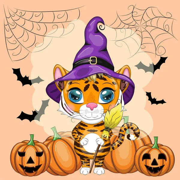 Cute Cartoon Tiger Beautiful Eyes Orange Purple Hat Broom Pumpkins — Stock Vector