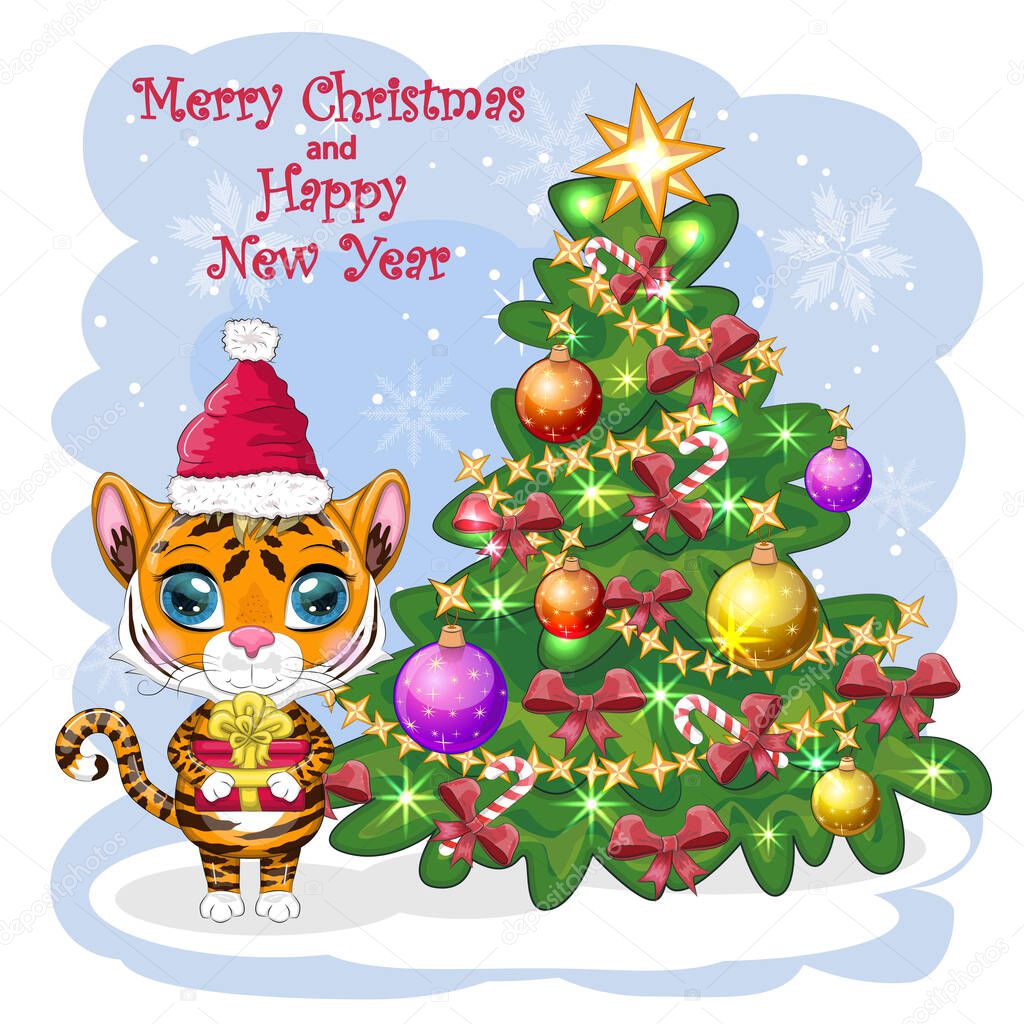 Cartoon tiger wearing a santa hat holding a gift by the christmas tree. Children's style, sweetheart. Symbol of the year 2022. Greeting card