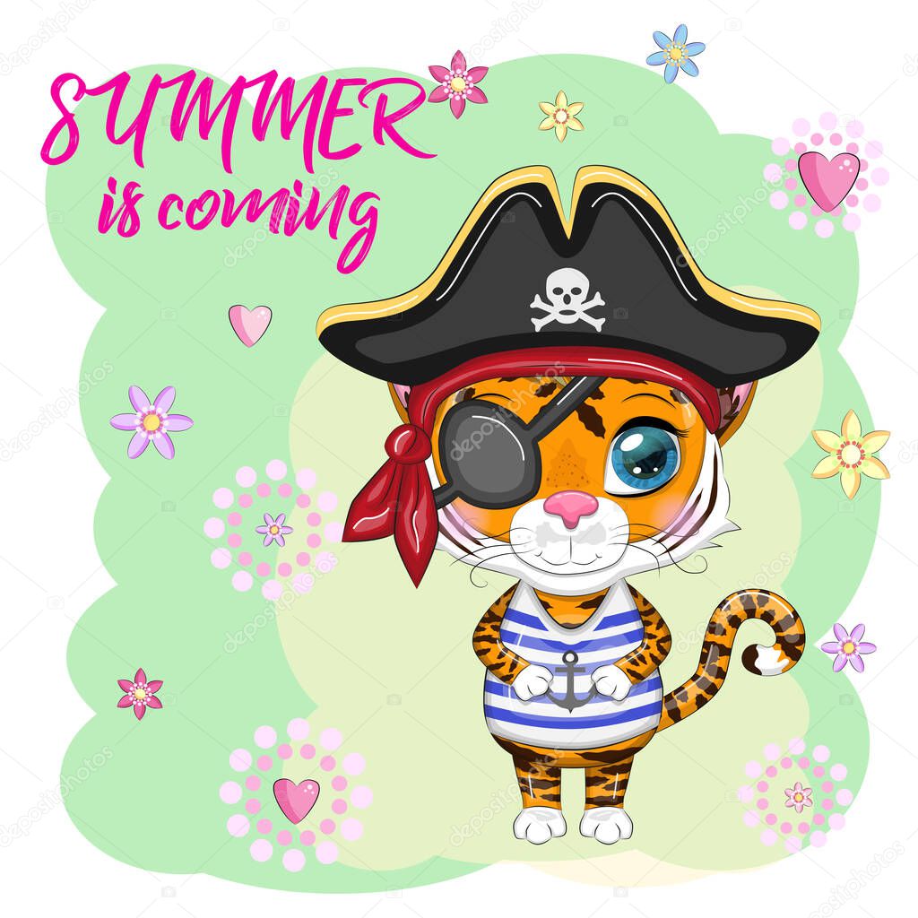 Cartoon tiger pirate in a striped T-shirt, cocked hat, with an eye patch. Hawaii, Vacation, Sea. Summer is coming. Children's style, sweetheart. Symbol of the New Year 2022