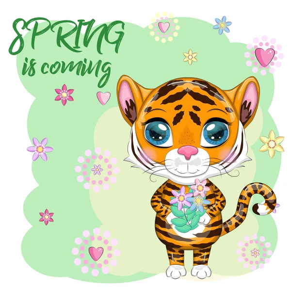 Cartoon Tiger Bouquet Flowers Spring Coming Children Stylistics Cute Symbol — Stock Vector