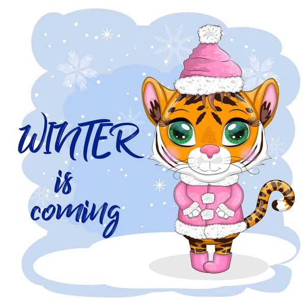 Tigre Dibujos Animados Abrigo Piel Botas Fondo Invierno Invierno Acerca — Vector de stock