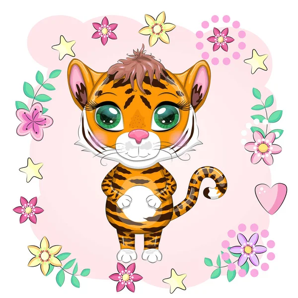 Tigre Desenho Animado Bonito Com Olhos Bonitos Brilhante Laranja Ilustrações — Vetor de Stock