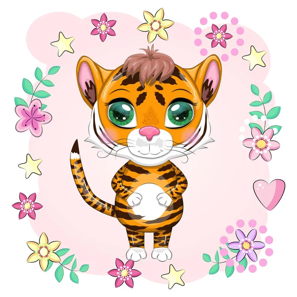 Lindo Tigre Dibujos Animados Con Hermosos Ojos Brillante Naranja Ilustraciones — Vector de stock