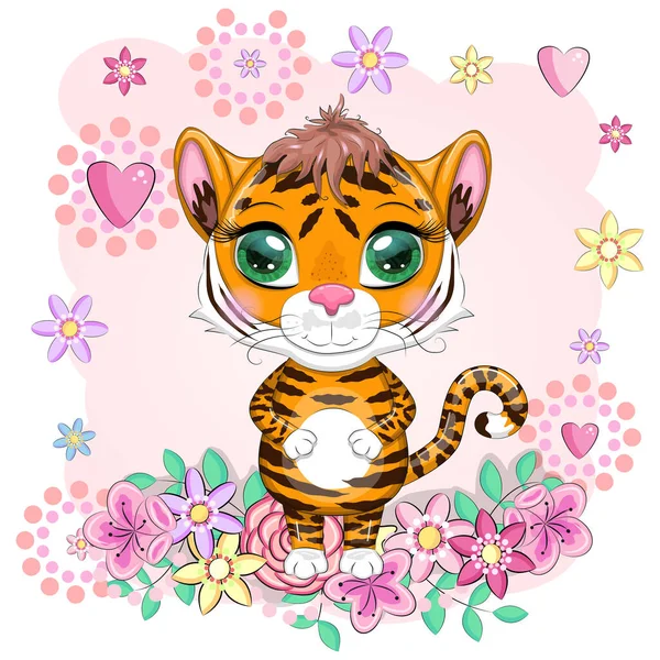 Tigre Desenho Animado Bonito Com Olhos Bonitos Brilhante Laranja Ilustrações — Vetor de Stock