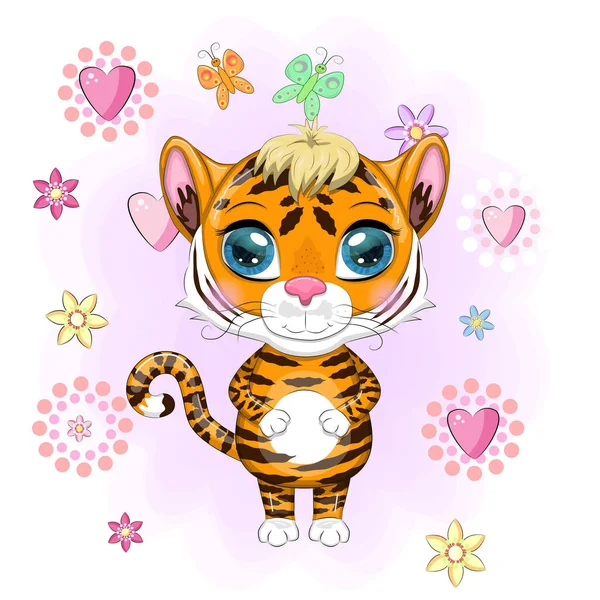 Tigre Desenho Animado Bonito Com Olhos Bonitos Brilhante Laranja Ilustrações — Vetor de Stock