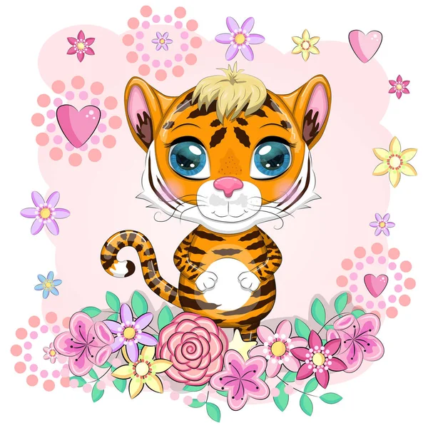 Cute Cartoon Tiger Beautiful Eyes Bright Orange Illustrations Chinese New — Stock Vector