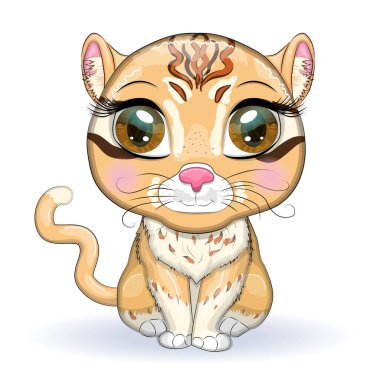 Çizgi film tarzında güzel gözleri olan Asyalı altın kedi, çocuklar için renkli çizimler. Karakteristik benekleri ve renkleri olan Asya altın kedisi