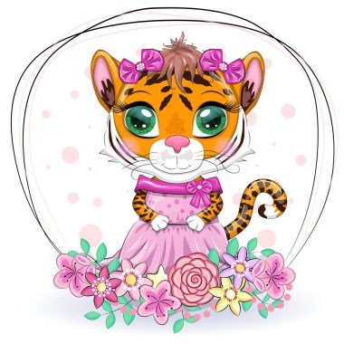 Elbise içinde güzel gözleri olan tatlı çizgi film kaplanı kız. Çin Yeni Yılı 2022, Kaplanın Noel Yılı. Ay Yeni Yılı 2022.