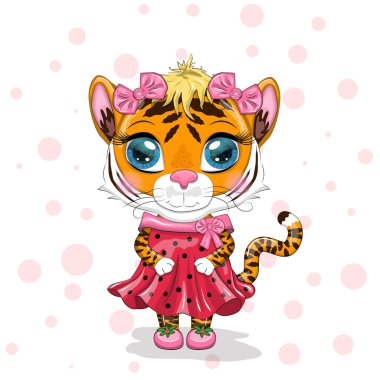 Elbise içinde güzel gözleri olan tatlı çizgi film kaplanı kız. Çin Yeni Yılı 2022, Kaplanın Noel Yılı. Ay Yeni Yılı 2022.