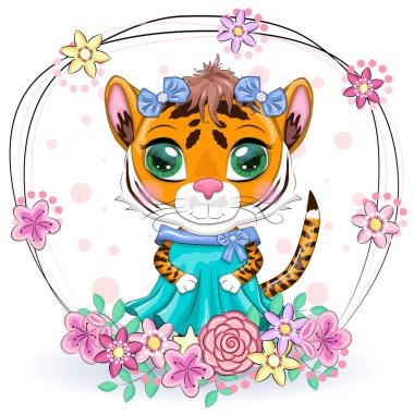 Elbise içinde güzel gözleri olan tatlı çizgi film kaplanı kız. Çin Yeni Yılı 2022, Kaplanın Noel Yılı. Ay Yeni Yılı 2022.