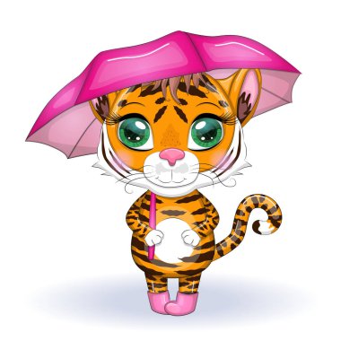 Sonbaharda şemsiyesi olan güzel gözlü şirin çizgi film kaplanı. Çin Yeni Yılı 2022, Kaplanın Noel Yılı. Ay Yeni Yılı 2022.