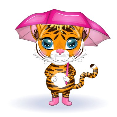 Sonbaharda şemsiyesi olan güzel gözlü şirin çizgi film kaplanı. Çin Yeni Yılı 2022, Kaplanın Noel Yılı. Ay Yeni Yılı 2022.