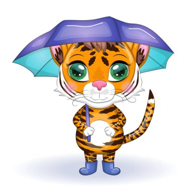 Sonbaharda şemsiyesi olan güzel gözlü şirin çizgi film kaplanı. Çin Yeni Yılı 2022, Kaplanın Noel Yılı. Ay Yeni Yılı 2022.