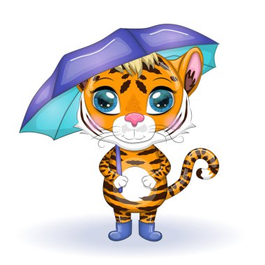 Sonbaharda şemsiyesi olan güzel gözlü şirin çizgi film kaplanı. Çin Yeni Yılı 2022, Kaplanın Noel Yılı. Ay Yeni Yılı 2022.