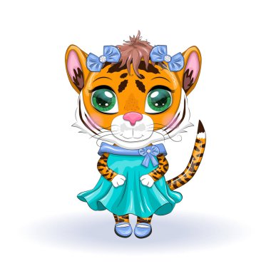 Elbise içinde güzel gözleri olan tatlı çizgi film kaplanı kız. Çin Yeni Yılı 2022, Kaplanın Noel Yılı. Ay Yeni Yılı 2022.